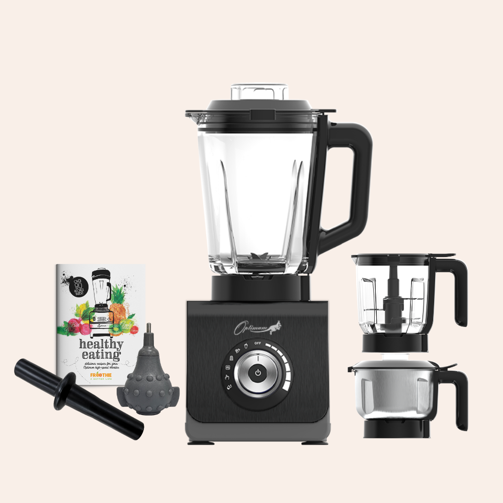 optimum 9400 essential food blender smoothie drink maker with glass jug black garlic peeler bpa free plastic jug stainless steel jug