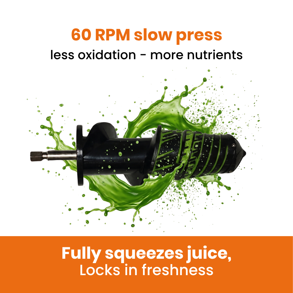 h300 essential horizontal slow Juice extractor with green juice splashes and text about RPM and juice extraction.