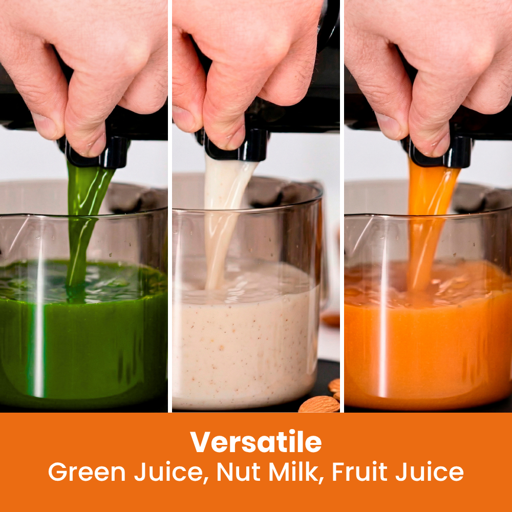 Collage using the h3000 essential horizontal big mouth slow juicer to extract green juice, nut milk, and sorbet.