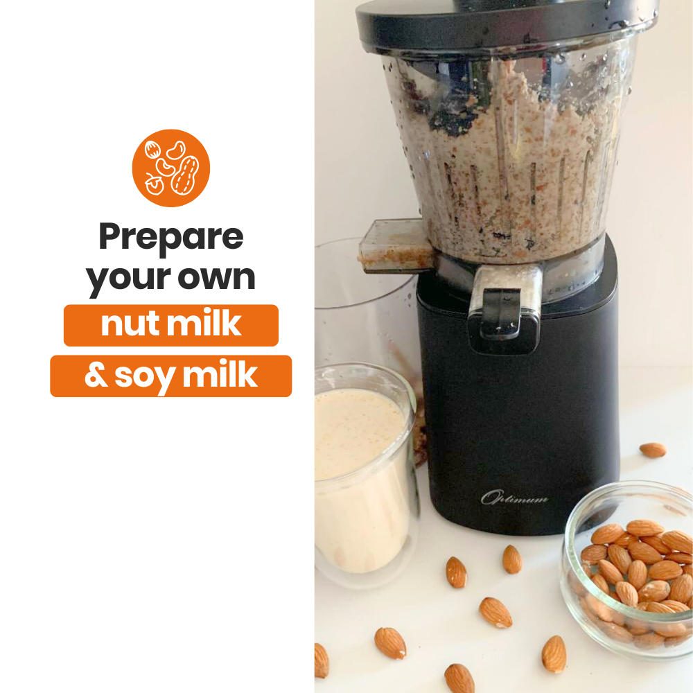 
                  
                    Optimum 600M juicer preparing nut milk and soy milk with ingredients on a white background
                  
                