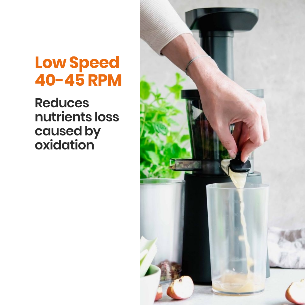 
                  
                    Person using 600M slow juicer with text about low speed and nutrient retention. Best juicer new zealand
                  
                