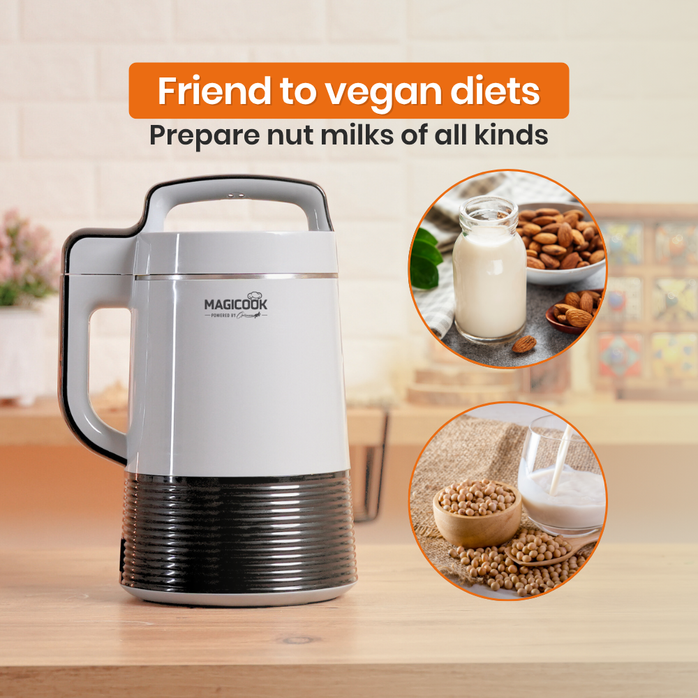 
                  
                    Optimum Magicook Pro Oil Butter Herb Infuser Decarboxylator Award Winner Nut Milk Maker on a wooden surface with text about vegan diets and nut milks.
                  
                