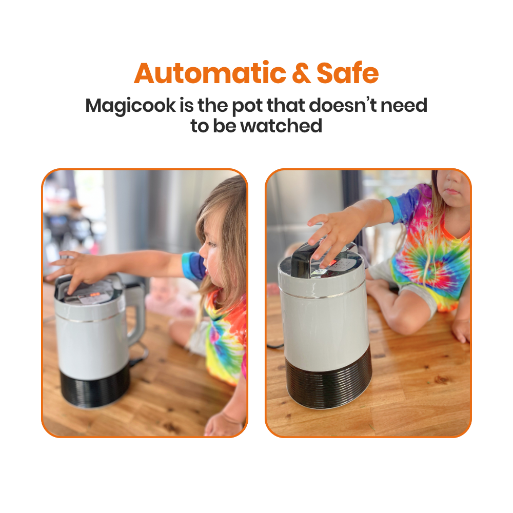 
                  
                    Magicook pot with children interacting, emphasizing safety and ease of use.
                  
                
