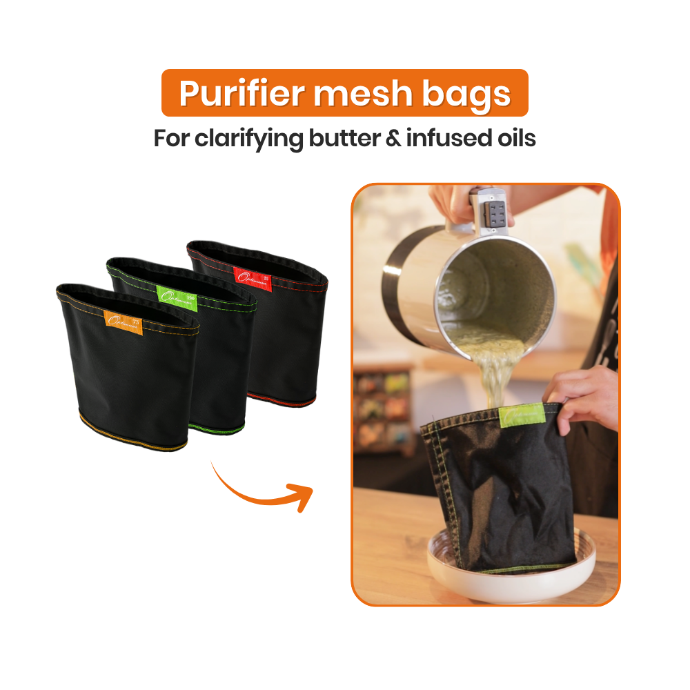 
                  
                    optimum magicook pro oil butter herb infuser decarboxylator award winner Purifier mesh bags for clarifying butter and infused oils with a visual of usage.
                  
                