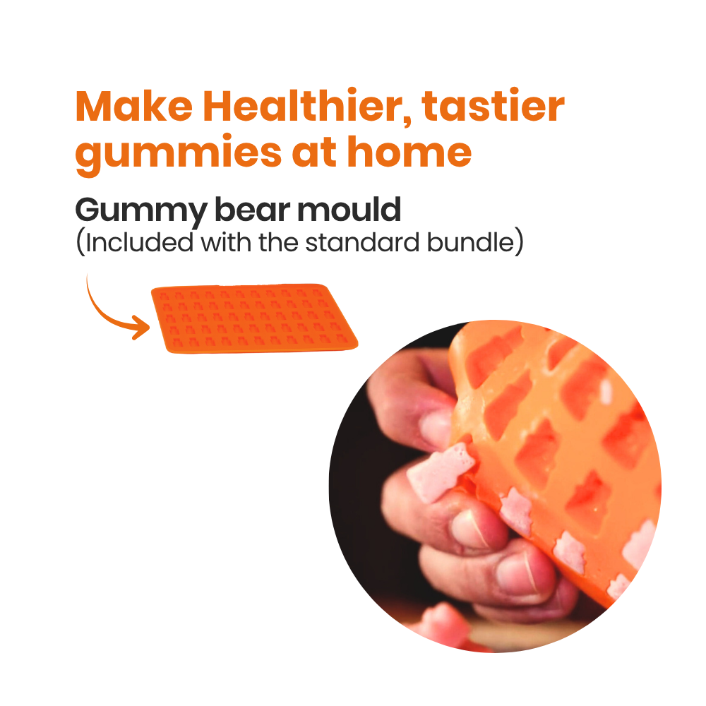 
                  
                    Gummy bear mould with text about making healthier, tastier gummies at home.
                  
                